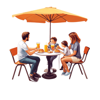 Caucasian family enjoying breakfast outdoors under umbrella Father, mother, son, and daughter eating croissants and drinking orange juice in the morning Concept of family time and lifestyle png