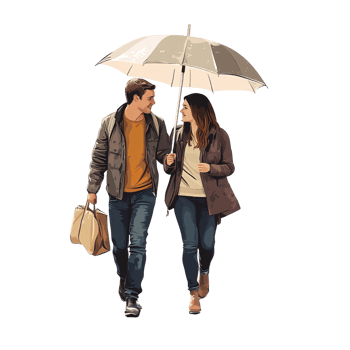 Happy Caucasian couple walking under umbrella with shopping bags on a rainy day Concept of relationship, love, togetherness, and protection png