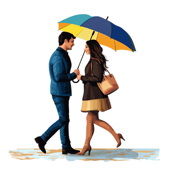 Smiling Caucasian couple walking in the rain under colorful umbrella, holding hands Romantic concept of love, relationship, and togetherness on a transparent background png