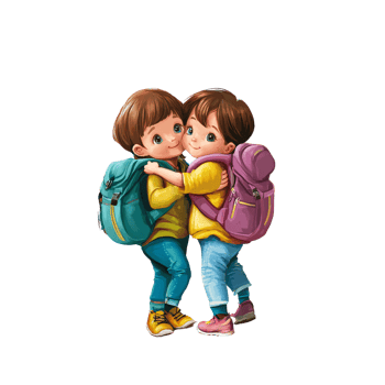 Adorable cartoon twin boys hugging with backpacks on transparent background Concept of friendship, childhood, and back to school png