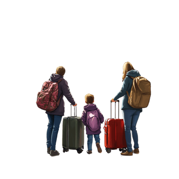 Back view of Caucasian mother, father, and child with luggage ready for family travel adventure on a transparent background Concept of vacation, journey, and togetherness png