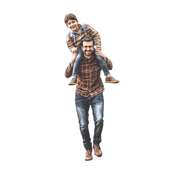 Happy Caucasian father giving his son a piggyback ride outdoors, smiling and bonding Concept of family, love, and fatherhood on a transparent background png