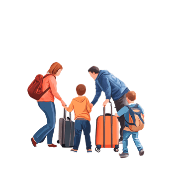 Family with two sons heading on vacation with luggage, excited for travel and adventure on a transparent background Concept of family travel, holiday, and togetherness png