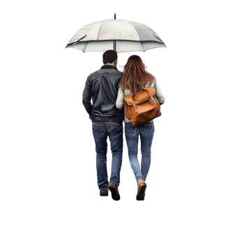 Back view of a young adult couple walking together under an umbrella enjoying a rainy day Concept of togetherness, companionship, and protection png