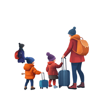 Mother with children pulling suitcases, family travel concept, illustration of winter vacation on a transparent background png