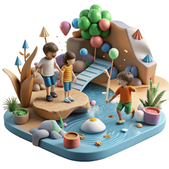 vibrant modern Children Playing by River Isolated Element Summer Scene original png