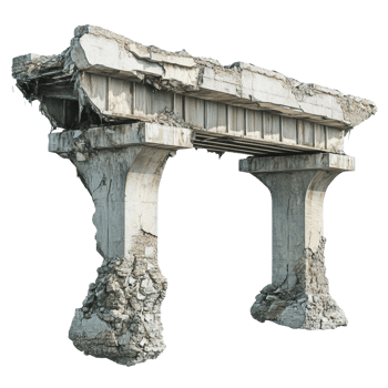 Decaying concrete structure remnants, historical ruin isolated, damaged architecture png