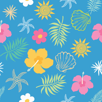 Tropical Seamless Pattern with Flowers, Leaves, Suns Shells on Blue Background Vibrant Summer Beach Design vector