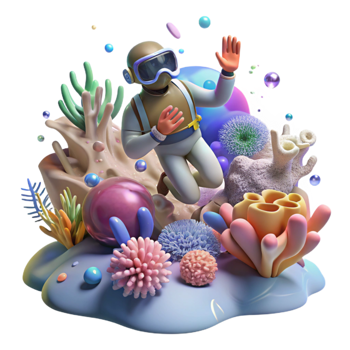 impressive minimalist Coral Reef Transparent Background with Diver in Distance professional png