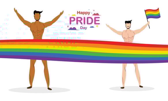 Two Men Celebrating Happy Pride Day with Rainbow Banner vector
