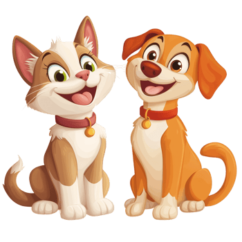 Cartoon animal duo of a smiling cat and dog seated side by side Isolated on transparent Background png