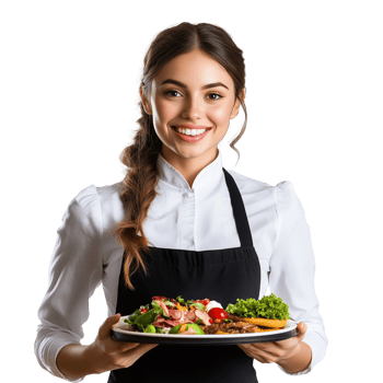 A smiling waitress holding a food tray and offering great service, isolated on transparent Background png