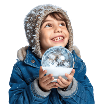 A child holding a snow globe with a joyful expression, mesmerized by the swirling snow inside, capturing the wonder of a winter wonderland, isolated on transparent Background png