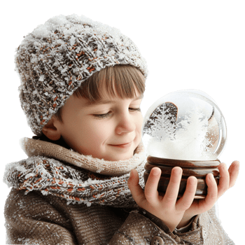 A joyful child mesmerized by a snow globe, watching the swirling snow, isolated on transparent Background png