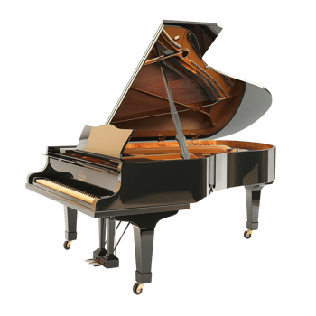 A classic grand piano with its lid open, showcasing strings and hammers in side view, isolated on transparent background png