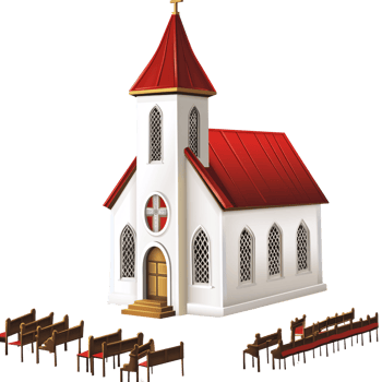 White church building with red roof and pews on a transparent background, symbolizing faith, religion, and community png