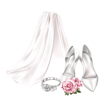 Elegant wedding still life featuring white satin heels, diamond ring, pink rose, and flowing bridal veil on a transparent background Concept of marriage, love, and celebration png