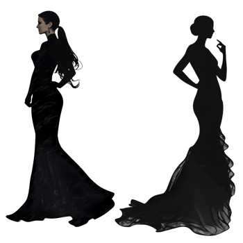Elegant Caucasian woman in black gown silhouette, showcasing fashion and mystery on a transparent background png
