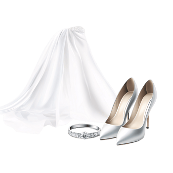 Elegant bridal composition featuring a white wedding dress veil, silver high heels, and a diamond ring on a transparent background Concept of marriage, love, and celebration png