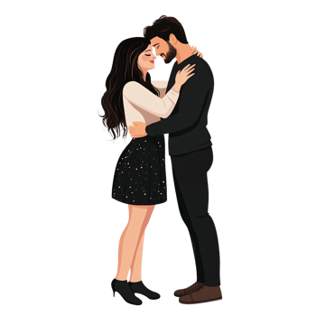 Cartoon illustration of a loving couple embracing, a darkhaired woman and bearded man in a tender moment, concept of romance, love, and connection png
