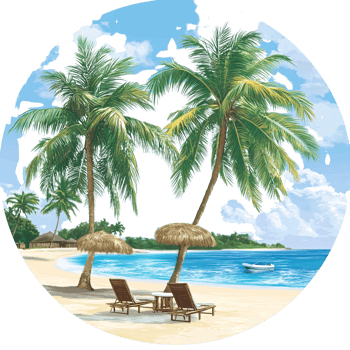 Tropical beach paradise illustration with palm trees, lounge chairs, and turquoise sea on a sunny day Concept of vacation, relaxation, and summer getaway png