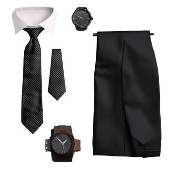 Elegant black suit with tie and watches on a transparent background Concept of formal wear, business attire, and mens fashion png