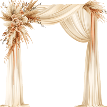 Elegant wedding arch decorated with beige fabric, pampas grass, and roses on a transparent background Concept of bohemian wedding, rustic decor, and floral arrangement png