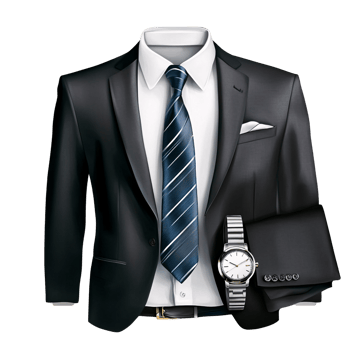 Elegant black suit with blue striped tie and silver wristwatch on a transparent background Concept of business, fashion, and formal wear png