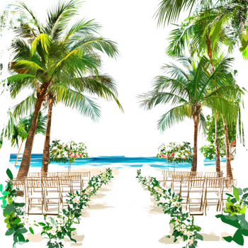 Tropical beach wedding ceremony setup with palm trees, floral arrangements, and wooden chairs on a transparent background Concept of destination wedding, romance, and summer png