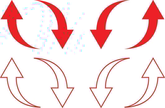 a collection of bold red curved arrows pointing in various directions on a white background collection of red arrow icons in various directions vector