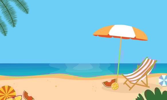 Beach scene with beach chair, umbrella and watermelon vector