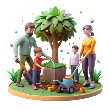 serene vintage Family Planting Tree in Backyard Cutout genuine png