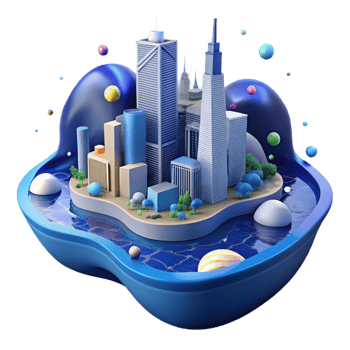 stunning traditional Flooded Cityscape Illustration with Dark Blue Water Cutout detailed png
