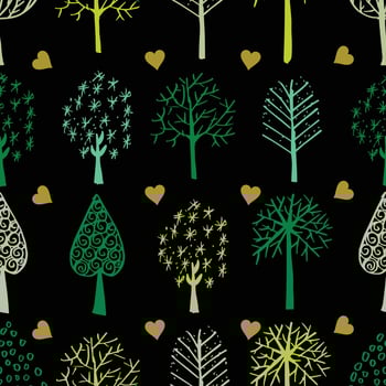 Seamless pattern with hand drawn trees and hearts. vector