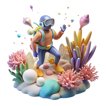wonderful abstract Coral Reef Transparent Background with Diver in Distance professional png