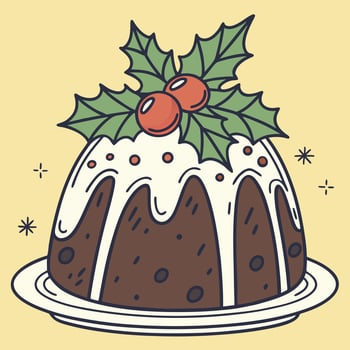 Christmas Pudding With Holly On A Plate vector
