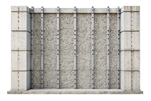 Concrete wall structure with metal reinforcements isolated on a transparent background png