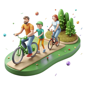 extraordinary minimalist Family Cycling on Green Path Side View Isolated original png