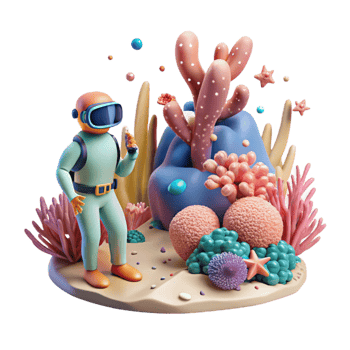beautiful artistic Coral Reef Transparent Background with Diver in Distance png