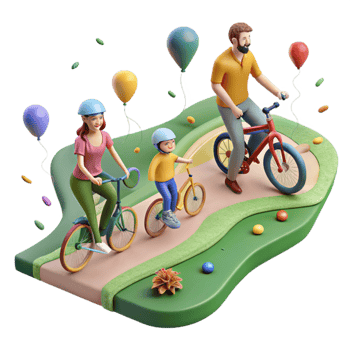 beautiful rustic Family Cycling on Green Path Side View Isolated high quality png