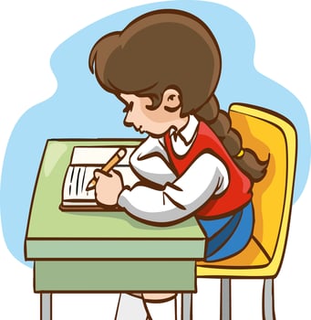 Illustration of a Girl Doing Her Homework During School.cute schoolgirl writing at the desk vector