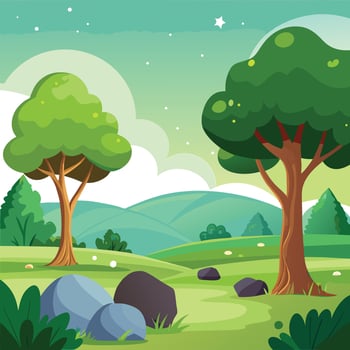 Cartoon Landscape with Green Grass, Hills, Trees and Rocks under Starry Sky vector