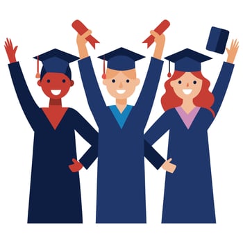 Cheerful Diverse Graduates with Caps, Diplomas, Raising Hands on White Background vector