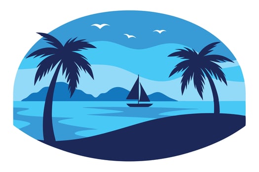 Tropical Beach Palm Trees, Sailboat and Seagulls Scenic Blue and Dark Blue Tones vector