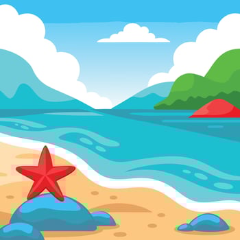 Tropical Island Beach with Red Starfish, Blue Water, Green Hills, and Sky View vector