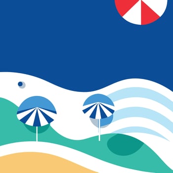 Simple beach landscape with umbrella, sea, and sun in flat design vector