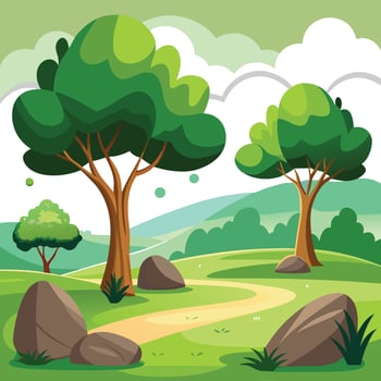 Summer Landscape Cartoon With Trees, Grass, Rocks, Hill And Clouds Beautiful vector