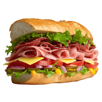 Close up of a fully loaded sandwich with various ingredients png