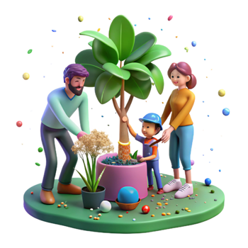 beautiful creative Family Planting Tree in Backyard Cutout detailed png
