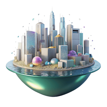elegant modern City Skyline Reflection in Water Isolated authentic png